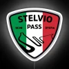Motorcyclist riding through Stelvio Pass with LED neon sign lighting up a road in the mountains.