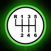 Green neon sign with 6-speed stick shift graphic.