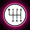 Neon-lit 6-speed stick shift gear indicator with pink accents.