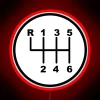 Neon sign with a stick shift pattern featuring 6 gears in red.
