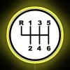 Neon sign featuring a colorful, six-gear stick shift illustration in yellow and RGB colors.
