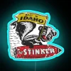 Neon sign with blue lights spelling out 'Stinker Gas'