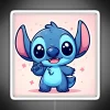 A kawaii cartoon character named Stitch with a pink background, featuring a neon sign with white letters.