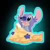 Luminous blue neon sign with Stitch's silhouette standing on a beach at sunset