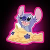 Neon pink sign featuring Stitch from Lilo & Stitch on a beach backdrop.