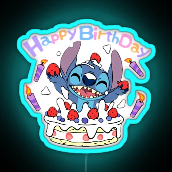Stitch Wishes You Happy Birthday RGB Neon Sign