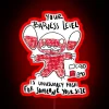 Neon sign with colorful doodles and "Stitch" font displaying an unusually high "Badness Level".