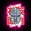 Neon pink stone mask with colorful design on a background of RGB colors.