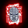 Red neon sign with a stone-patterned mask design