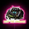 Neon pink sign with an illustration of a cute jumping spider, warning to stop the smooching or smooshing.