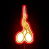 Neon sign featuring a stork holding scissors in a colorful, RGB design.