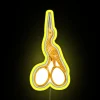 Neon sign featuring a colorful stork holding scissors against a bright yellow background