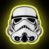 A neon-lit stormtrooper logo in a futuristic cityscape