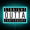 Neon sign reading 'Straight Outta Canterbury' in blue colors against a dark background.