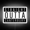 Neon sign with RGB lights in a stylized font spelling out 'Straight Out of Canterbury'