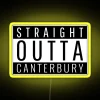 Neon sign reading 'Straight Out of Canterbury' with vibrant yellow colors in a modern, stylized font.