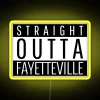 Neon sign with colorful, glowing letters reading 'Straight Outta Fayetteville'