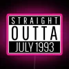 Neon sign in pink, reading 'Straight Outta July 1993'