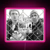 Neon sign with pink, blue, and green hues reading 'Straight Outta Scranton'
