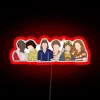 Neon Stranger Things sign with Hawkins National Laboratory logo in red.