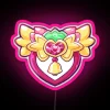 Neon Tokyo street sign with strawberry and bell characters from Mew Mew Led, illuminated in pink and RGB LED lights.