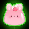 Neon strawberry pudding sign with green accents.