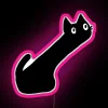 Neon pink sign with a stylized stretch design in RGB color scheme.