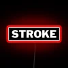 Neon sign with bold red stroke pattern on a black background.