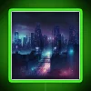 Downtown cityscape with a prominent skyscraper, vibrant RGB neon signs, and a green-toned urban setting
