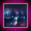Downtown city skyline with neon signs at sunset
