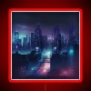 Dense city skyline with neon-lit skyscrapers at sunset