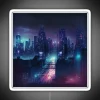Skyscraper cityscape with neon lights at sunset.