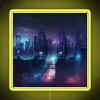 Downtown city skyline with neon signs