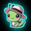 Neon blue grasshopper wearing a stylish hat in front of a vibrant RGB background.