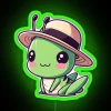 Neon-colored grasshopper wearing a hat amidst stylized green neon sign.