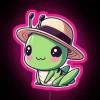 Stylish grasshopper wearing a colorful hat in front of a vibrant RGB neon sign.