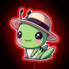 A grasshopper wearing a hat in front of an RGB neon sign, with vibrant red colors.