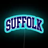 Suffolk University College sign with curved font in neon blue color