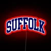 Suffolk University's college logo with curved font in RGB neon sign colors.