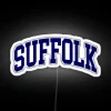 Suffolk University College entrance with curved, neon sign in RGB color
