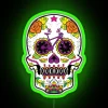 Neon sugar skull decoration in vibrant colors, symbolizing Dia de los Muertos celebration.