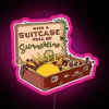 Colorful suitcase adorned with neon summertime graphics in pastel pink.