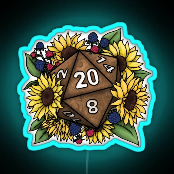 Sunflower D20 Tabletop RPG Gaming Dice RGB Neon Sign