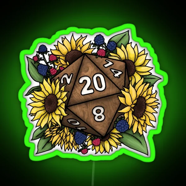 Sunflower D20 Tabletop RPG Gaming Dice RGB Neon Sign
