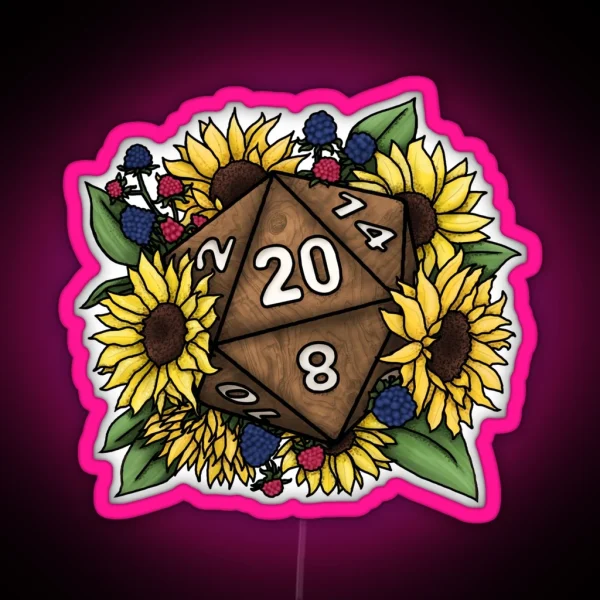 Sunflower D20 Tabletop RPG Gaming Dice RGB Neon Sign