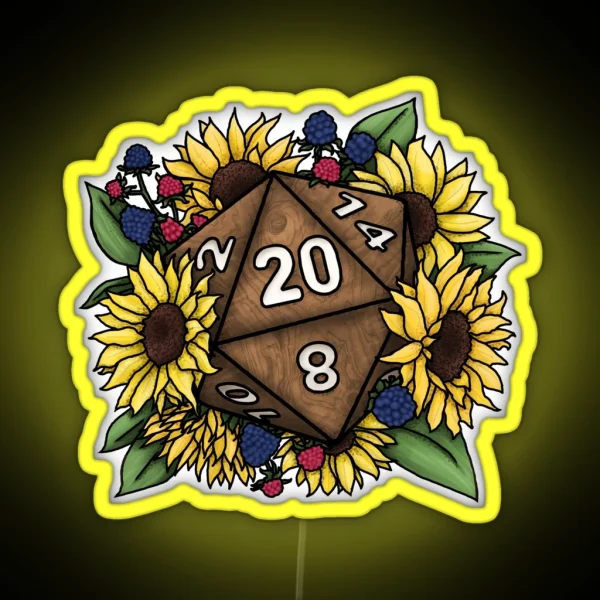 Sunflower D20 Tabletop RPG Gaming Dice RGB Neon Sign