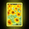 Vibrant yellow sunflower painting inspired by Monet's style with neon glow in an abstract, artistic rendition.