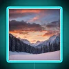Dawn landscape with snow-capped mountains, trees, and vibrant neon hues in a blue-toned RGB image.