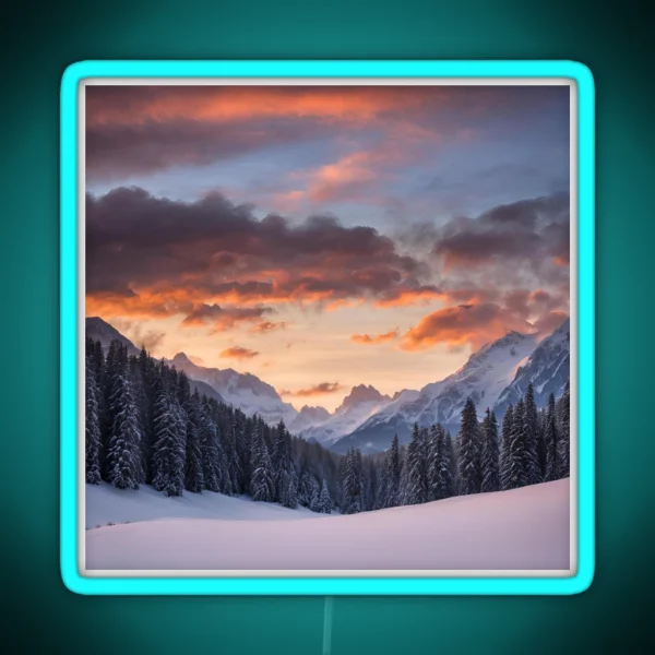 Sunrise Over Snowy Mountains And Trees RGB Neon Sign