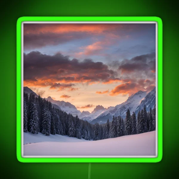 Sunrise Over Snowy Mountains And Trees RGB Neon Sign